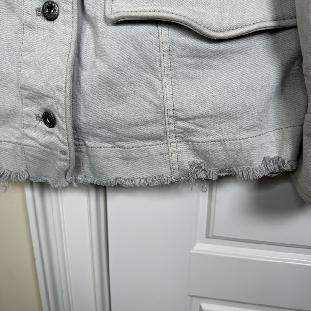 Free People Denim Field Jacket Women's Small Large Ecru Grey Raw Hem Boho Safari - Picture 4 of 13